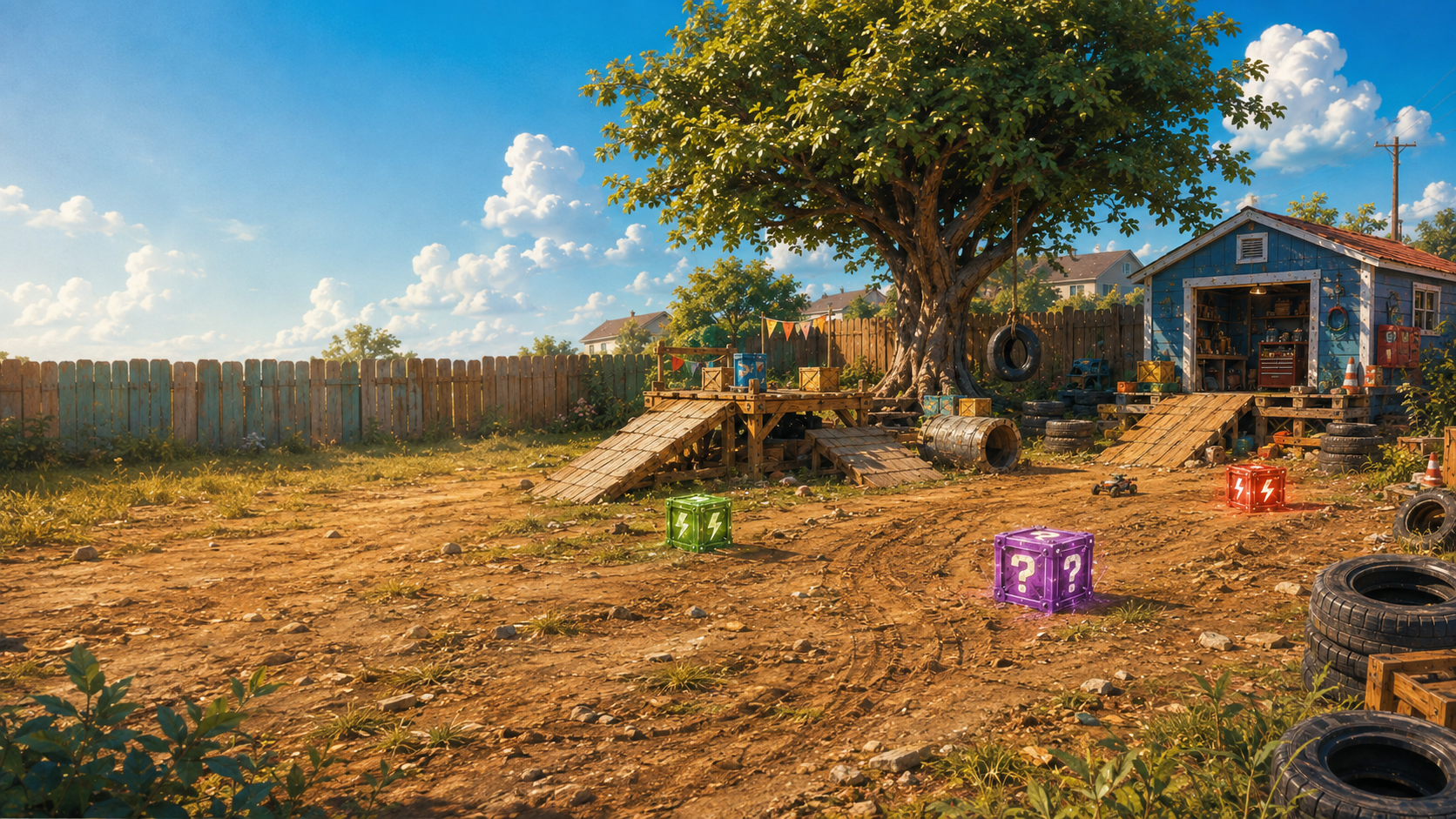 Sunlit backyard RC battlefield: dirt track, wooden ramps, power-up crates and a tool shed under a big tree