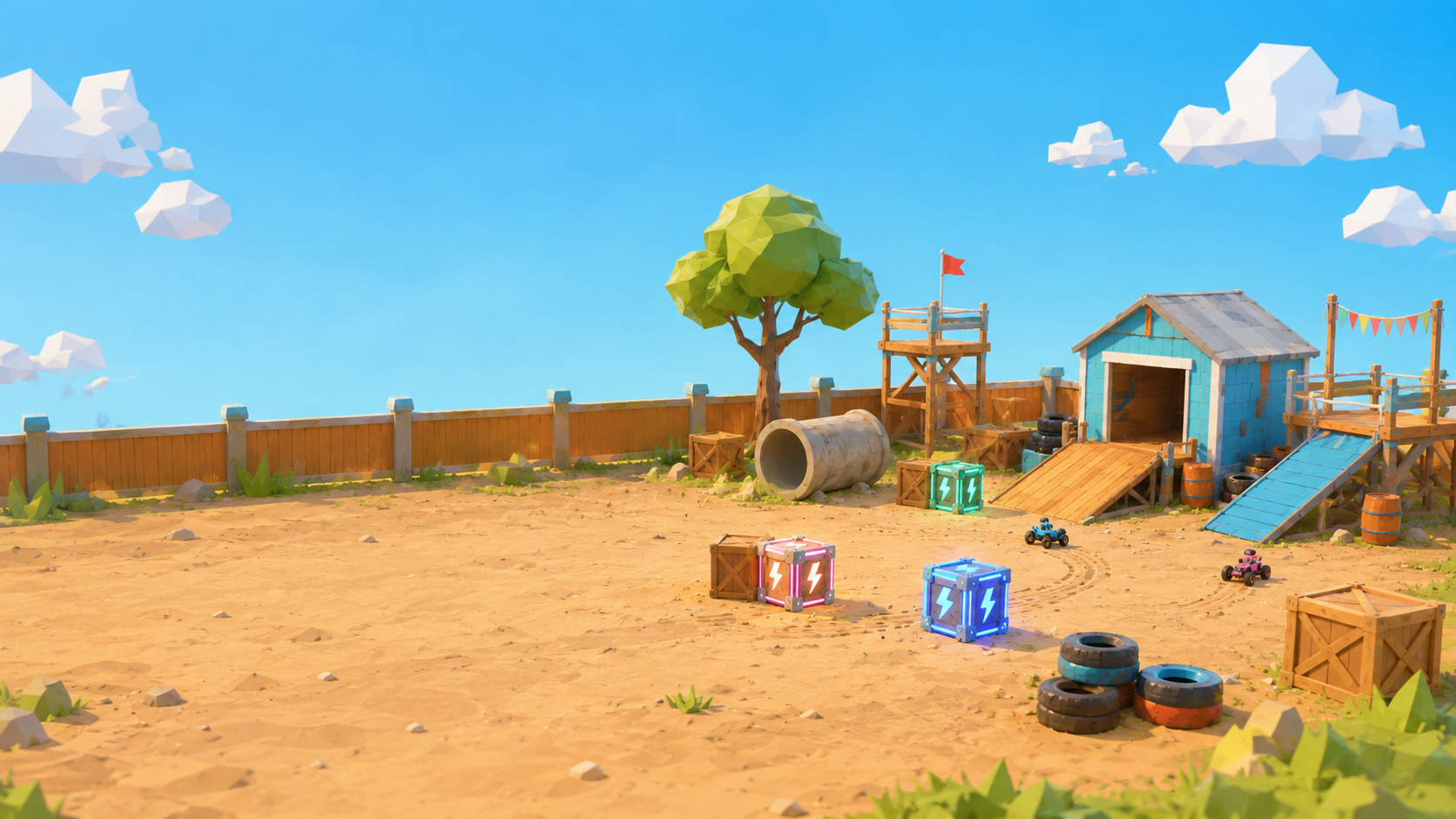 The same backyard battlefield rebuilt as a low-poly toy diorama with simple geometry and pastel colors