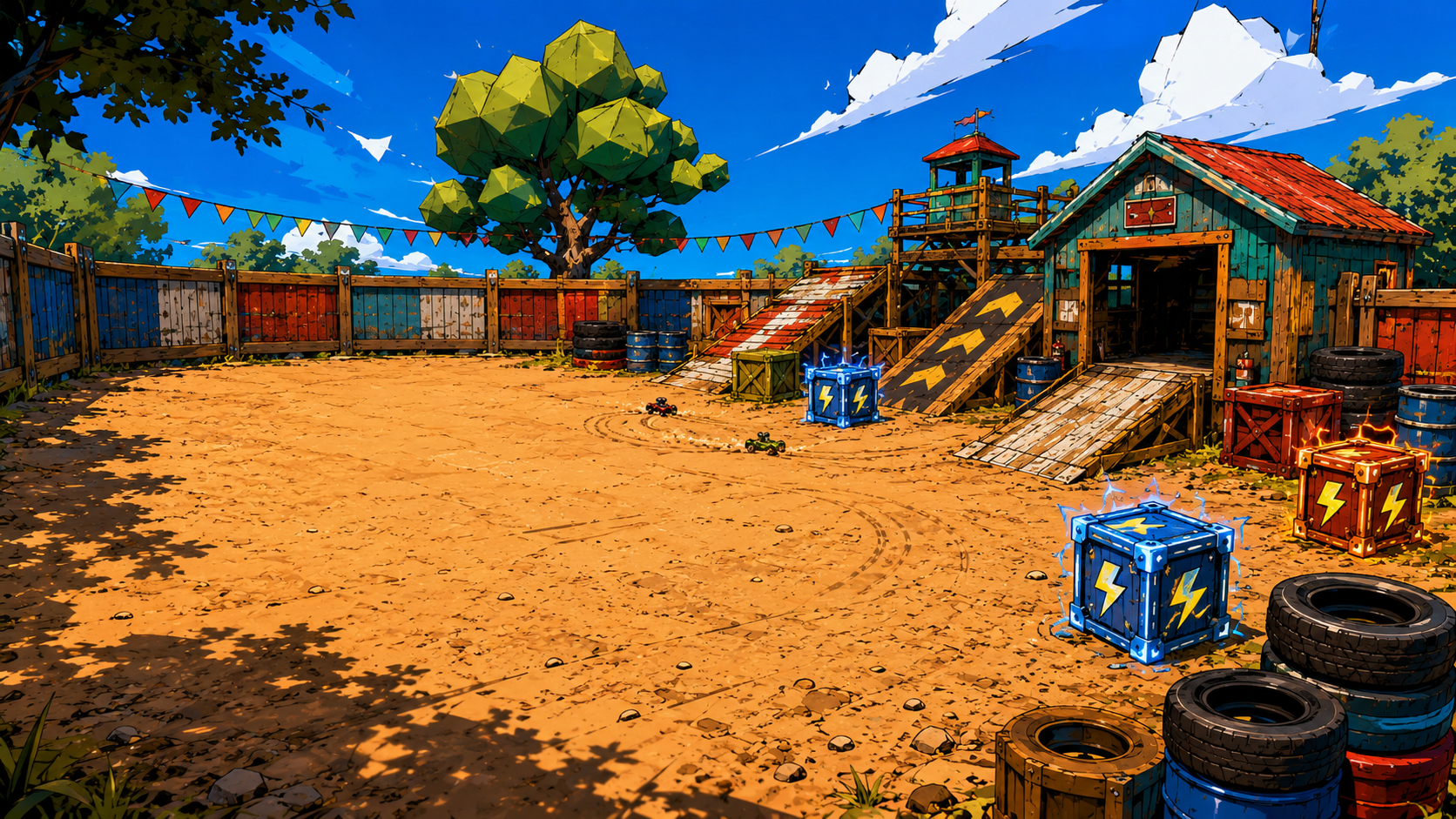 The same backyard battlefield in cel-shaded comic style with bold outlines and impact graphics
