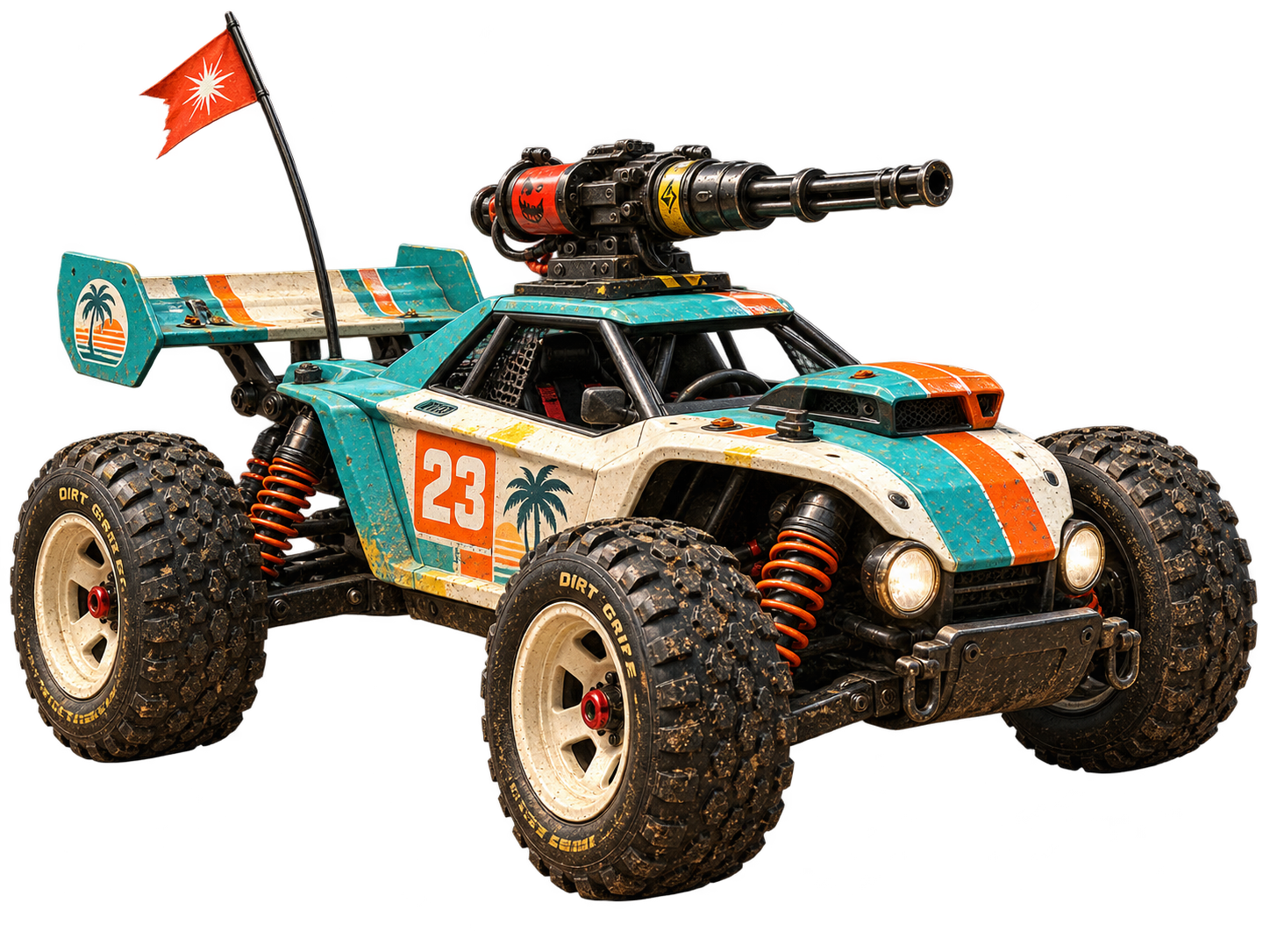 Number 23 RC buggy, teal and cream, mounted gatling gun, oversized mud tires and a race flag