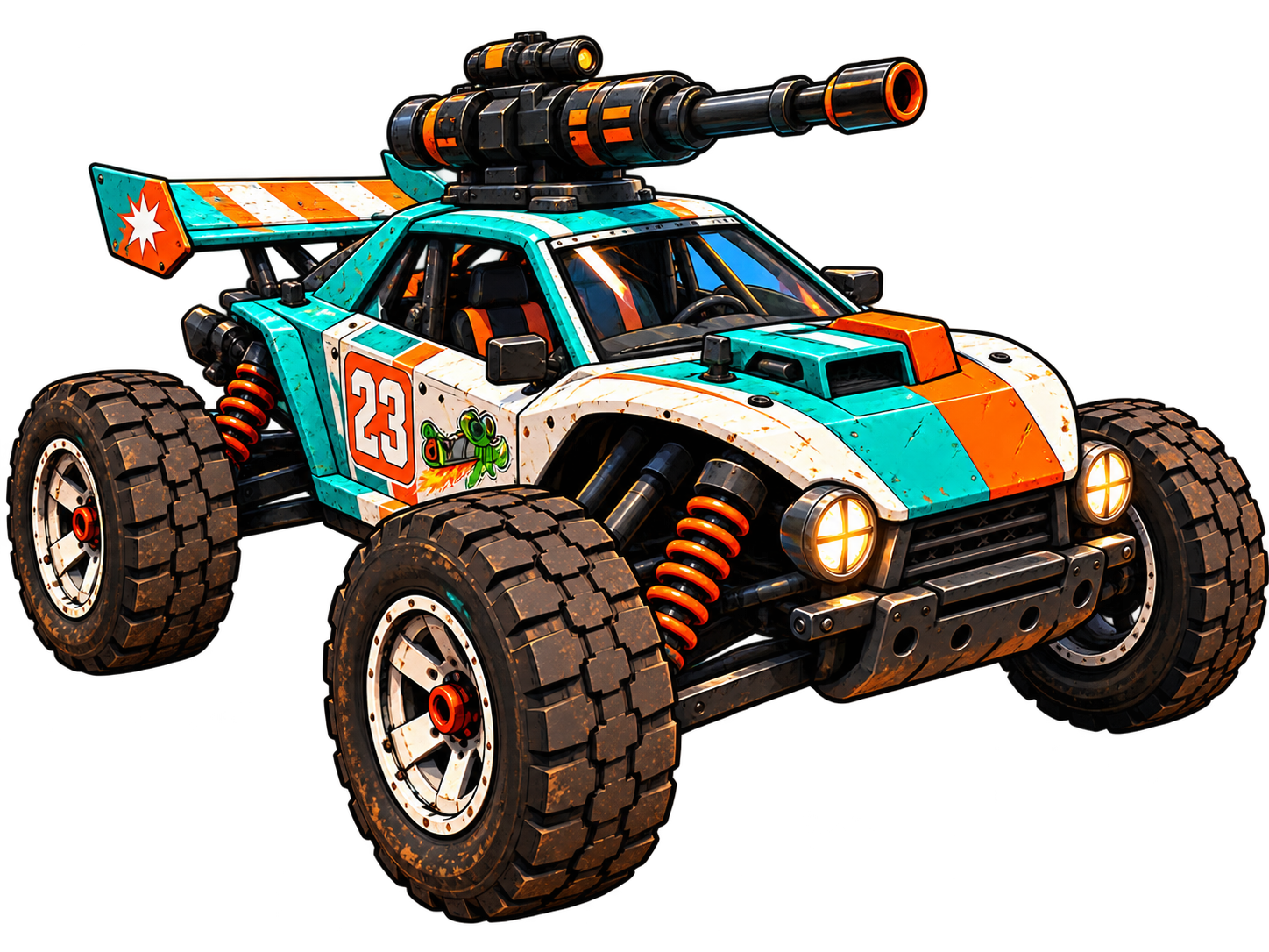 The same RC buggy in cel-shaded comic style with heavy outlines